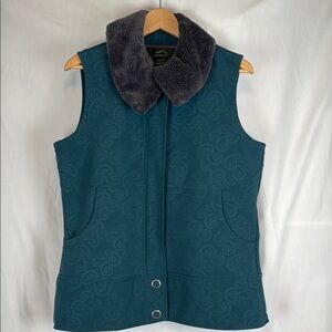 Women's Woolrich Teal Vest with Gray Fuzzy Collar Size Large Outerwear